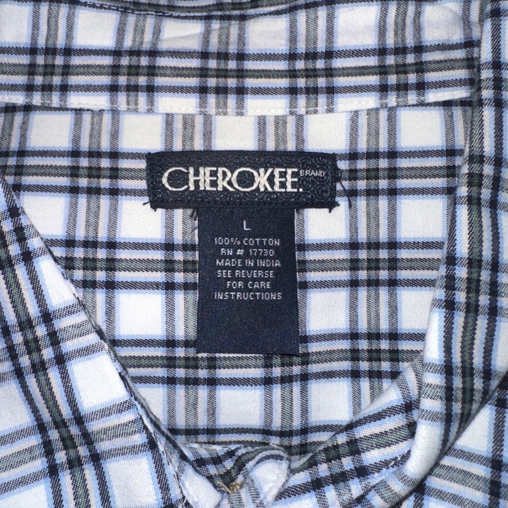 Cherokee Mens Large Plaid Button Down‎ Shirt Blue Green White Long Sleeve Cotton